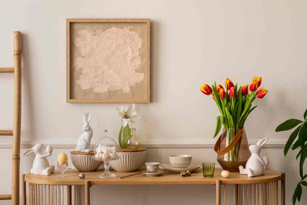 Spring bunny decor on a table with fresh-cut tulips and a neutral-painted wall as a backdrop at Triboro Paint near North Attleborough, MA